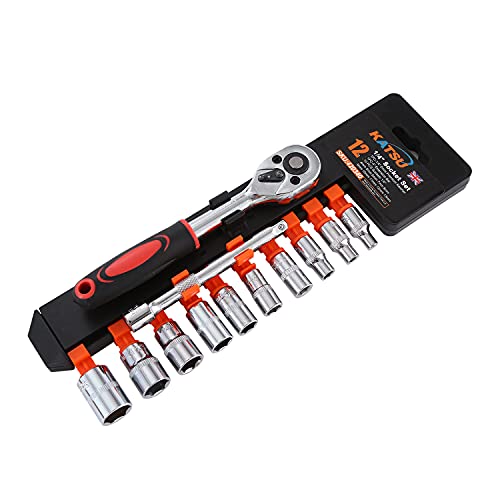 Image of KATSU 1 /4 Inch Socket Set 12Pcs, 4-13mm Metric Drive with 24-Teeth Quick-Released Ratchet Wrench and 4 inch Extension Bar, High Grade Chrome Vanadium Steel, Auto Repairing Garage Tool 420340