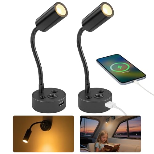 AOOTE Luz de Lectura LED 12V, 2 Pcs Camper Lámpara de Lectura LED Equipado Cargador USB&Cambiar, DC12-24V, Blanco Cálido 3000K, Luz de Pared de Rotación Flexible de 360 ​​° para Autocaravana Barco