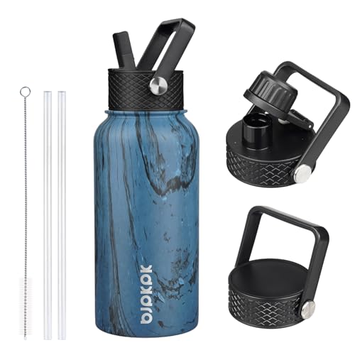 Image of BJPKPK Insulated Water Bottles with Straw Lid, 27oz Stainless Steel Water Bottle with 3 Lids, Leak Proof BPA Free Metal Thermo, Mugs, Tumblers, Keep Cold Hot - Wood Prussian Blue