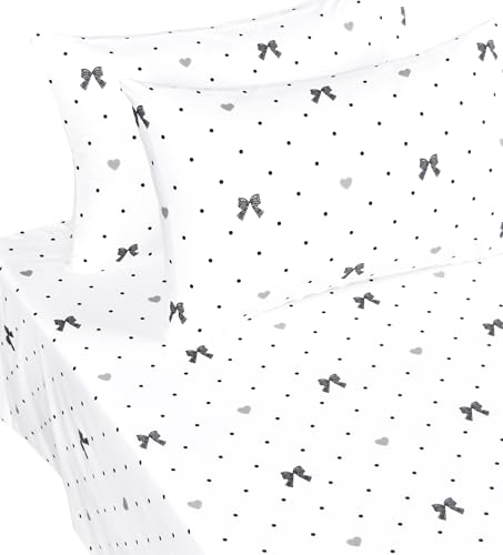 Image of Scientific Sleep Lace Bow Bowknot Black Dot 100% Cotton 4 Pcs Full Bed Sheet Set Kids Boys Girls Teens, Flat Sheet & Fitted Sheet & Pillowcase Kids Bedding Set (Bow, Full)