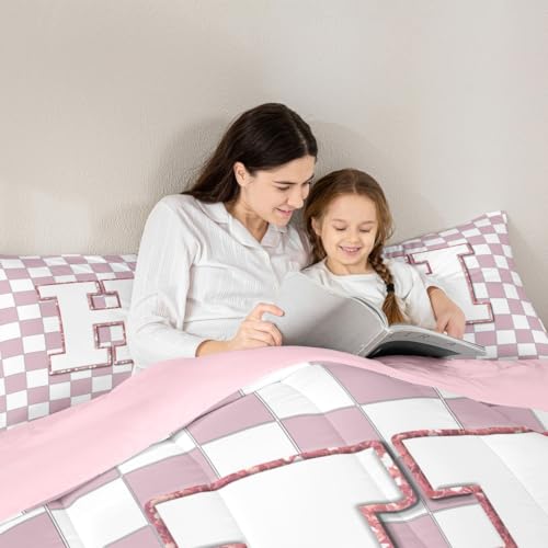 Image of Erosebridal Pink Initial H Comforter Set Queen Kawaii Plaid Checkered Bedding Set Cute Personalized Monogram Comforter for Kids Girls Teen Women,Fashion Grids Gingham Quilt Duvet