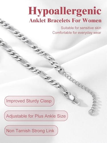 Image of FOCALOOK 14K Gold Plated Anklets for Women Waterproof Plus Size Ankle Bracelet 8.5-10.5 Inch Adjustable Mariner /Figaro /Flat Snake /Cuban Link Chain Anklet Jewelry for Summer Beach Holiday