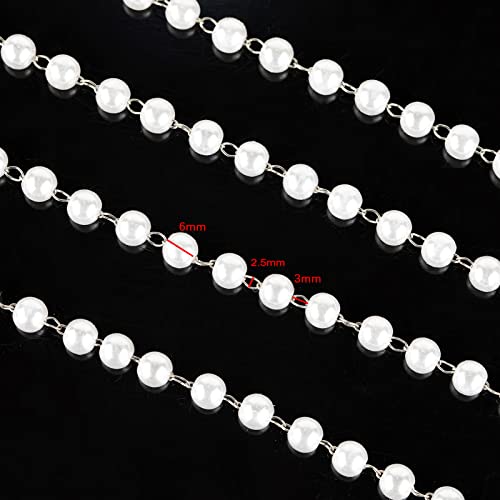 32.8 Feet Faux Pearl Chain Link 6mm Ball Pearl Silver Copper Necklace Chains Bulk with Spool for Jewelry Making DIY Craft Bracelet Choker - Thumbnail 2
