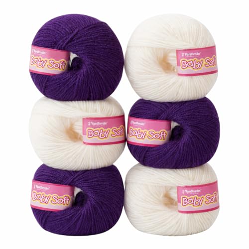 Image of Vardhman BabySoft Knitting Yarn | 100% Acrylic Wool | 4 Ply | Thin Knitting & Crocheting Hook Thread & Lightweight | Special Baby Wool | 150 Grams (6 Balls of 25g) | Machine Washable | Ideal for Blankets, Hats, Booties Ultra-Soft for Baby Sweaters, Blankets, Caps, Socks, Soft toys, Art & craft (Indigo Purple 56 + Off White 11)