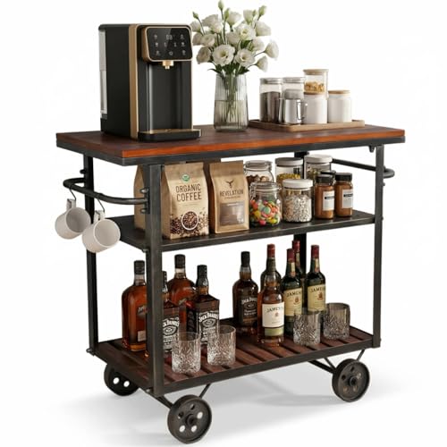 BOKKOLIK Vintage Rolling Bar Cart on Wheels Industrial Mobile Serving Cart Metal and Wood Design for...