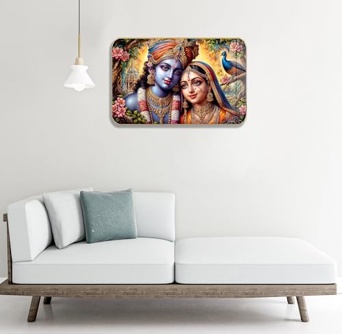 Image of Masstone Radha Krishna Crystal Embedded High Gloss Wall Painting, Golden Slim Frame, 45x30 Cm Wall Art for Living Room, Bedroom, Office & Home Decor (HG03)