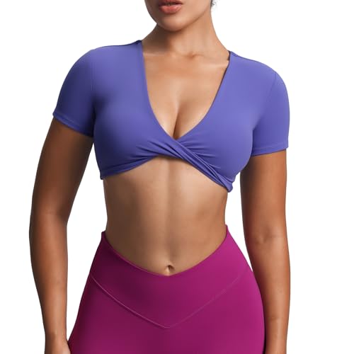 Image of Aoxjox Short Sleeve Crop Tops for Women Sienna Twist Deep V Workout Cropped T Shirt Top