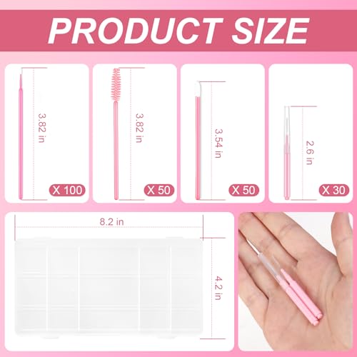 DLUGOPIS 230 Pcs Pink Brow Lamination Supplies with Plastic Box Micro Eyebrow Lash Spoolies Set Disposable Lip Applicators Eyebrow Spoolies Brush Micro Swabs Interdental Brushes for DIY Eyelash Extensions
