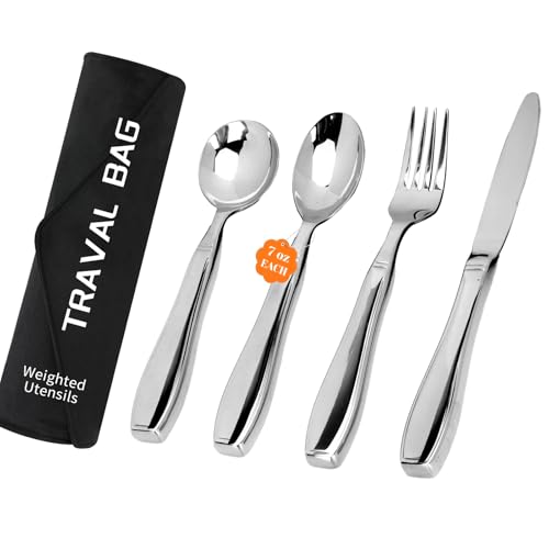 Weighted Utensils for Hand Tremors|Heavy Adaptive Utensils for Elderly & Arthritis|Stainless Steel Eating Aids for Weak Grip|Parkinsons Aids for Living|Discreet Travel Wrap,Dishwasher Safe
