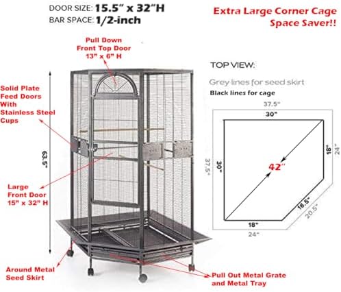 64" Extra Large Corner Bird Flight Cage for Parrots