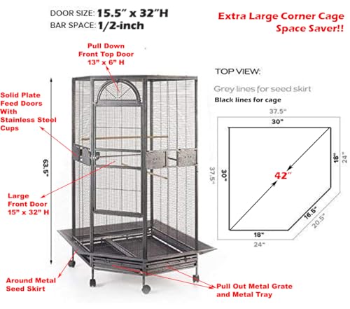 64" Extra Large Corner Flight Bird Parrot Cage for Cockatiel Parakeet Budgies Parrot with Around Metal Seed Skirts, Tight 1/2-Inch Bar Spacing (BlackVein)