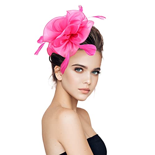 Uangkou HAIR EXTENSIONS CLIP IN Fascinator Headband For Women Fascinators Hat For Women Tea Party Hat Headband Wedding Flower Cocktail Mesh Feathers Hair Clip Headwear Hair Clip Bride Hair Clip Hot Pink cover