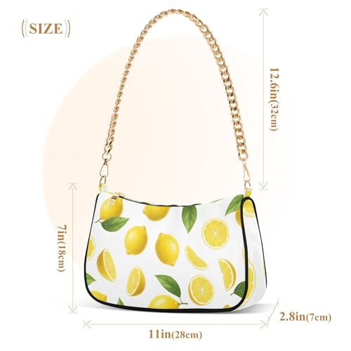 Yellow Lemons Green Leaves White Colorful Shoulder Bag for Women Evening Bags Purse Chain Strap Zipper Medium Cute Purse3