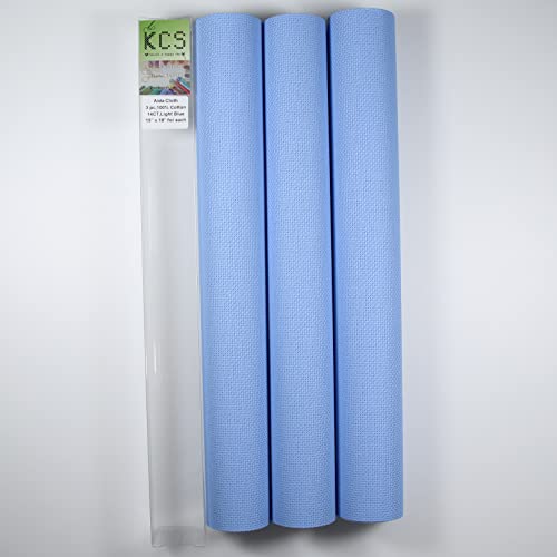 Image of KCS 3 pc of 15 inch x 18 inch Counted Cross Stitch Cotton Aida Cloth Needlework Rolled Fabric Box,14CT,Light Blue