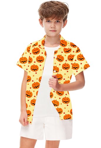 Image of Remimi Unisex Kids Halloween Shirt Boys Pumpkin Ghost Shirts Hawaii Button Up Tops 5-14 Years