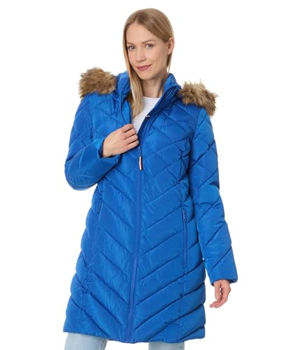 Tommy Hilfiger Acolchada larga con ribete de piel sintética para mujer, Nautical Blue, XXL