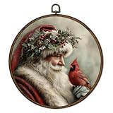 cvjutf Vintage Father Christmas Santa Claus Wall Art Decor Framed, Rustic Christmas Red Cardinal Round Wall Decor, Antique Winter Xmas Canvas Prints Art for Bathroom Living Room Bedroom, 10x10 Inch