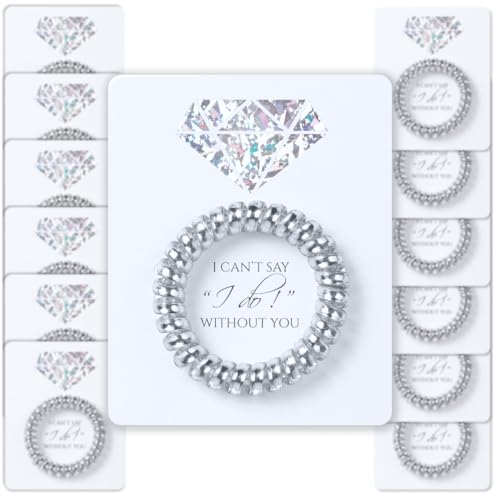 12 Pack Bridesmaid Gift Spiral Hair Ties on a Proposal Card - Phone Cord Hair Ties for Bridal Maid of Honor (Silver)