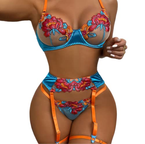 Women’s Floral Satin Embroidered Sexy Silk Vibrant Floral Mesh 4-Piece Leg Garter Lingerie Set