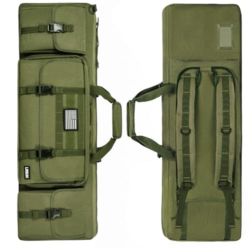 LASUK 36” Double Rifle Case, Green Long Double Rifle Gun Bag with 10 Accessory Pockets Padded Handle, Adjustable Shoulder Strap for Firearm Storage and Transportation