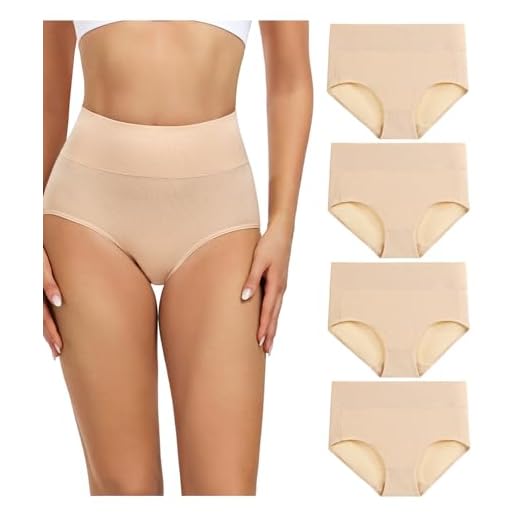wirarpa Braguitas Culotte Algodón para Mujer Bragas de Cintura Alta Cómodo Faja Reductora Ajustan Pack de 4 Beige XXXL