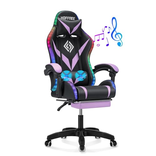 HOFFREE RGB Gaming Chair with Speakers and Massage Ergonomic Computer Chair with Lights and Footrest Reclining Video Game Chairs for Adults Purple and Black