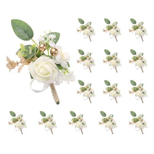 QUARKZMAN 15 Stück Weiße Rosen Anstecksträuße für Männer, Knopflöcher Taschenkorsage...