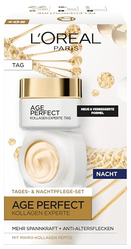 L'Oréal Paris Kollagen Gesichtspflegeset, Anti-Aging Tag und Nacht Feuchtigkeitspflege für straffere Haut, mit Kollagen-Peptid, Age Perfect Kollagen Experte Gesichtscremes, 2 x 50ml