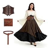 Ensemble de Déguisement Médiéval Femme : Ce déguisement médiéval pour femme comprend un haut à manches chauve-souris, une jupe longue bicolore, un corset vintage, une ceinture ainsi qu’une sacoche de taille pratique. Tous les éléments sont coordonnés en termes de couleurs et de style, offrant de multiples possibilités de combinaison sans accessoires supplémentaires
