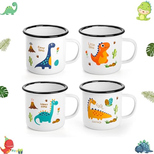 TERRIFI Enamel Camping Mugs, 12 Oz Cartoon Dinosaur Metal Design, Coffee Tea Cups with Handle, Ideal for Outdoor Activities, Hiking, Portable Travel Mugs for Kids and Adults, Great Gift Idea