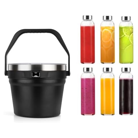Luxfuel 18oz Glass Juice Bottles with Lid, Leak proof, 256oz Stainless Steel Ice Bucket with Lid and Tongs, Double-Wall Insulated Portable Cold Retention for Cocktails, Parties, and Outdoor Events Cover