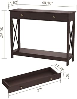Treocho Espresso Console Table with Drawer and Storage Shelves, Foyer Sofa Table Narrow for Entryway, Living Room, Hallway