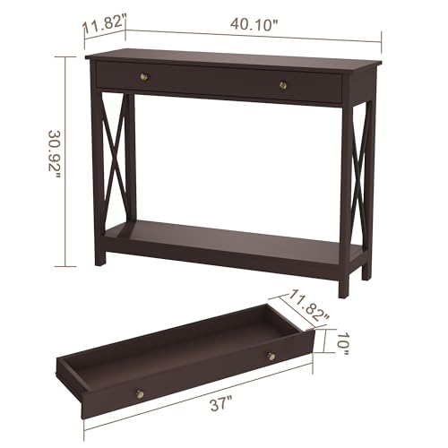 Treocho Espresso Console Table with Drawer and Storage Shelves, Foyer Sofa Table Narrow for Entryway, Living Room, Hallway