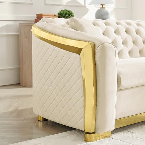 Image of KEIKI 84 inch Luxury Oversized Velvet Chesterfield Sofa with 2 Pillow & Gold Stainless Decoration, Italian Modern Style 3-Seater Button Tufted Couch with Rolled Arms, Easy Assembly, for Living Room, Beige