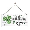 Hanging st patricks day wooden decor let the shenanigans begin wall art home door sign shamrock theme  urban country home decor