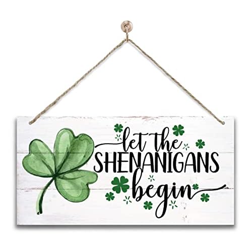 Hanging St. Patrick’s Day Wooden Decor – ‘Let the Shenanigans Begin’ Wall Art, Home & Door Sign, Shamrock Theme