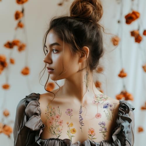 Everjoy Watercolor Wild Flowers Small Temporary Tattoo Stickers - Waterproof Tiny Floral Fake Tattoos for Women and Girls