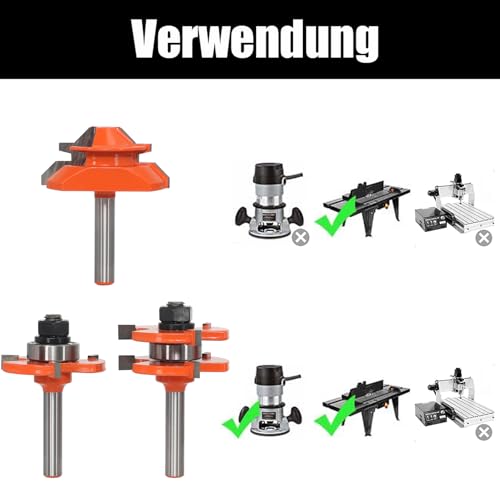 AKYLIN 3tlg 45 Grad Gehrungsfräser Nut und Feder Fräser Set 8mm Schaft,Scheibennutfräser mit 4 Lager,Holzfräser Wolframkarbid Hartmetall Fräser für die Holzbearbeitung