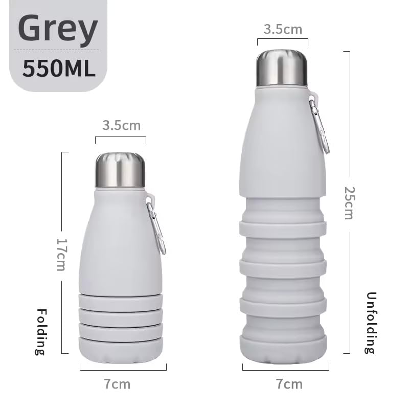 Image of ZENOVIA Collapsible Silicone Water Bottle with Clip, Grey | Foldable, Leakproof, BPA-Free, Portable Reusable, For Gym, Hiking, Camping, Office & Kids