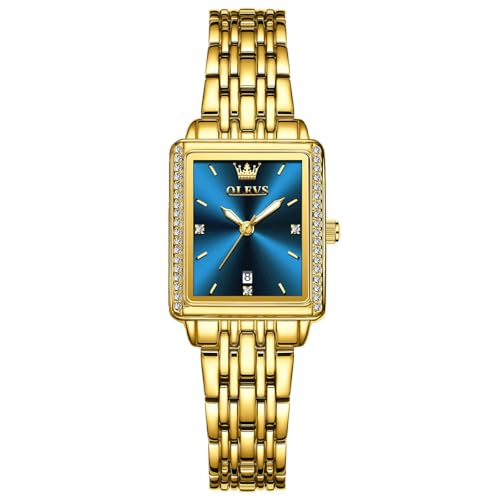 OLEVS Edelstahl Damen Uhr Quadrat Schmal Handgelenk Schicke Wasserdicht Metall Armbanduhr Damen Analog Quarz Leuchtend Eleagnt Diamant Klein Blau Gesicht Damenuhren mit mit Datum Geschenke für Frauen