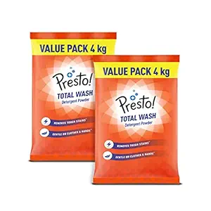 Amazon Brand – Presto! Total Wash Detergent Powder, Twin (4 Kg + 4Kg) Pack at Rs. 489