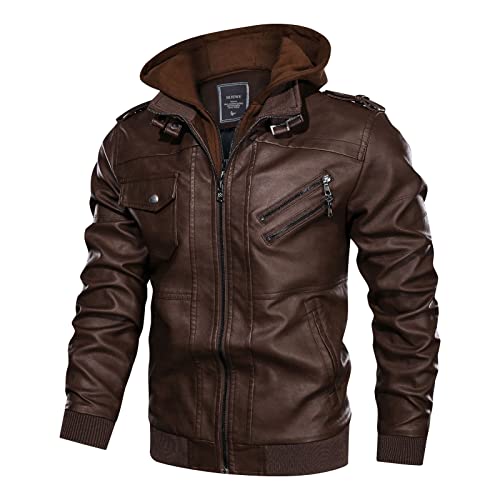 Hijewe Men's Faux Leather Jacket Bomber Pu Vintage Casual Motorcycle Coat Casual Winter Jacket Stand Collar Detachable Hooded（Brown，S） #TOP1