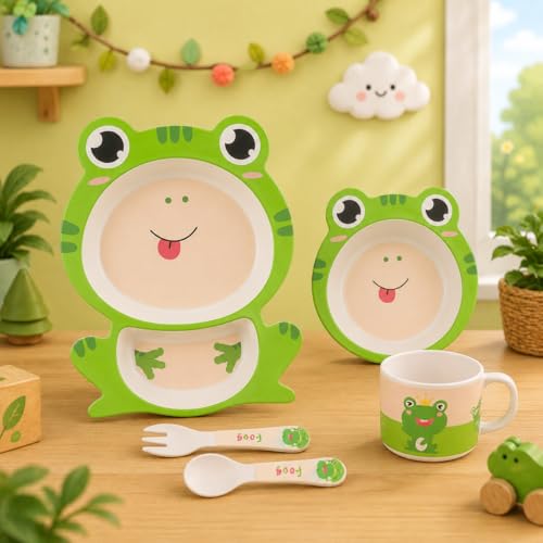 Image of Bamboo Kids Feeding Set of 5 | Made of Bamboo | Kids Crockery Set Tableware |Baby Utensils and Dishes Set | Eco-Friendly |Organic & Natural(Funny Frog)