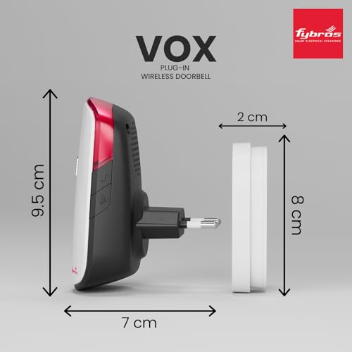 Image of Fybros VOX Wireless Doorbell | 1 Year Warranty | Plug-in |150m Range | Battery-Free Push | 32 Chimes, LED Night Light, White