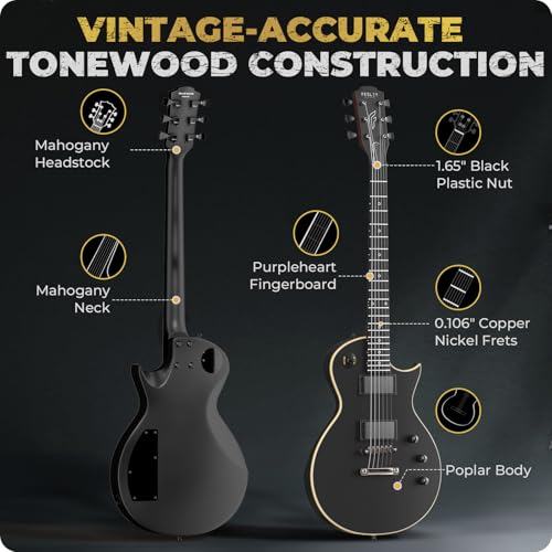 fesley 3934 lp electric guitar kit full size solid body electric guitars for beginners with humbucker pickups poplar body mahogany neck22 frets6 string guitar with gig bagcableflp350matteblack