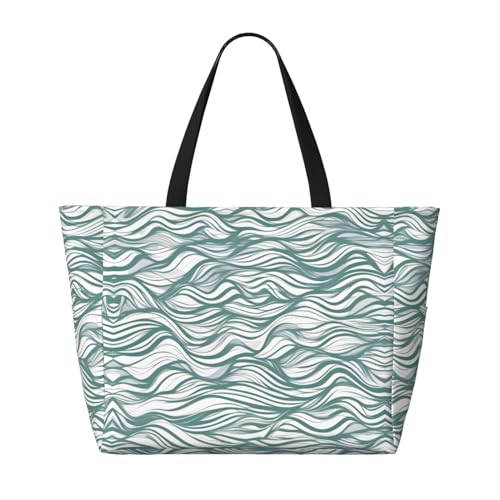 Large Capacity Beach Bag - print Waterproof Travel Bag Green wavy stripe Multi-Pocket Tote for Vacation Gym Women2