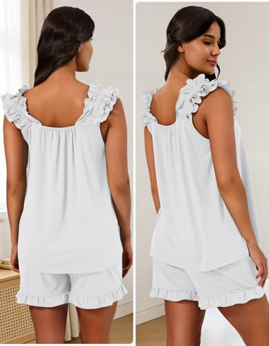 SIMIYA Pajamas for Women Set Ruffle 2 Piece Pj Sets Soft Bridal Sleepwear Tank Top and Shorts Bride Gifts Cute Summer Shirt White — view 2