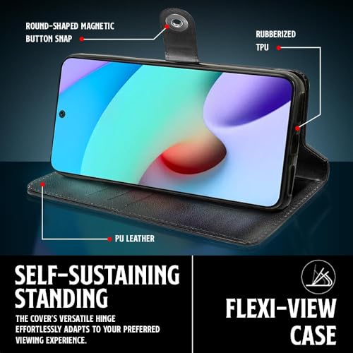 Image of WOW IMAGINE Shock Proof Flip Cover Back Case for Xiaomi Mi Redmi 10 Prime (Magnetic Button Flip Case | Wallet Pockets & Stand | Leather Finish | Haze Black)