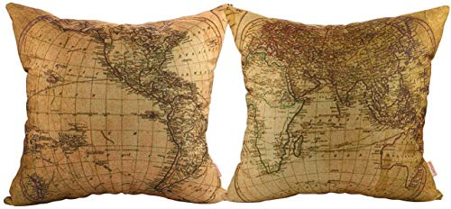 Luxbon Set of 2Pcs Geography Theme World Map Decor Throw Pillow Cases Nautical Decor Pillow Covers Linen Sofa Couch Chair Decorative Cushion Covers 18"x18" /45x45cm