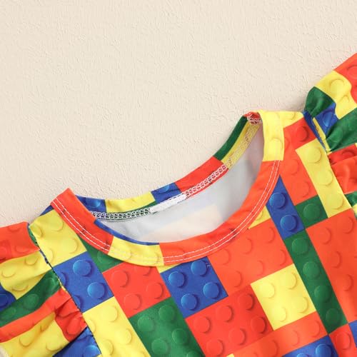 Toddler Baby Girls Dress Flutter Sleeve Multicolored Building Blocks Milk Silk Casual Ruffle Pleated Dress3